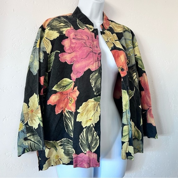 CHICOS DESIGN Vintage Linen Floral Button Down Shirt Jacket Shaket Size 2 / M - Picture 6 of 9